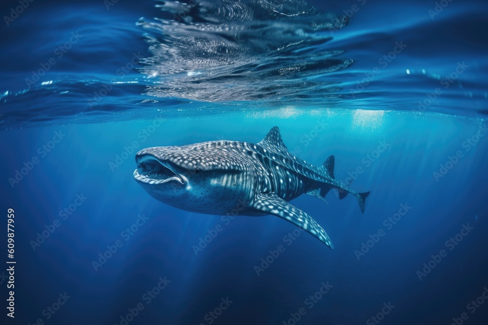Naklejka premium A whale shark plays near the surface in blue water. Whale shark in pacific sea. Generative ai
