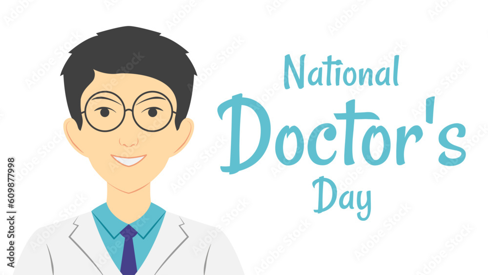 Vector illustration of national doctors day banner with male doctor cartoon character in flat design Vector illustration of national doctors day banner with male doctor cartoon character in flat design