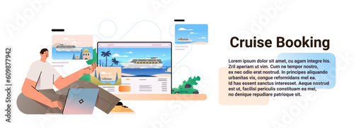 man traveler choosing passenger liner on laptop sea cruise online booking summer vacation voyage concept