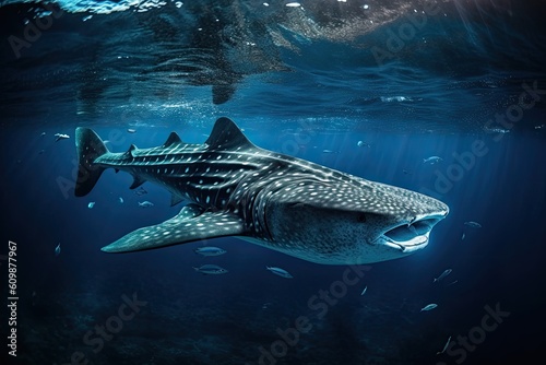 A whale shark plays near the surface in blue water. Whale shark in pacific sea. Generative ai