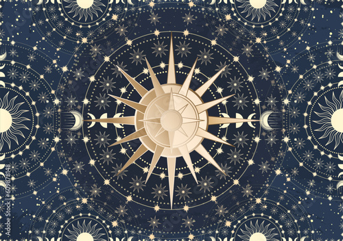 Hand drawn card of golden Sun, Moon, star. Magic celestial night space. Bohemian circle talisman collection, antique style, boho symbol, tarot emblem. Mystical galaxy space, vector sketch illustration