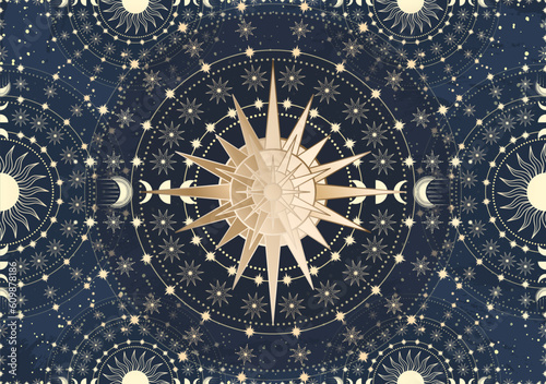 Hand drawn card of golden Sun, Moon, star. Magic celestial night space. Bohemian circle talisman collection, antique style, boho symbol, tarot emblem. Mystical galaxy space, vector sketch illustration