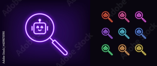 Outline neon search magnifier icon set. Glowing neon magnifying glass with AI bot sign, best chat bot review. Find virtual assistant with AI, search algorithms and commands for smart bot
