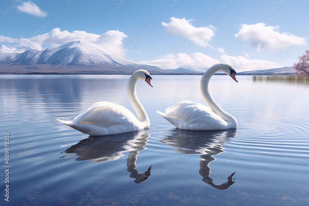 Fototapeta premium two_white_swans_with_mount_fuji_in_the_background, Generative AI 