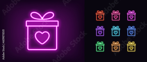 Outline neon love gift icon set. Glowing neon gift box with heart sign, give present. Romantic surprise, receive gift bonus and prize, present love, get gift box, donation and giveaway