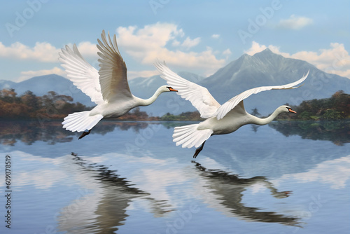 two_white_swans_with_mount_fuji_in_the_background, Generative AI 
