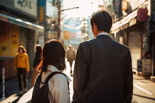 Back view of Japanese business man next to teenage school girl. Generative AI illustration