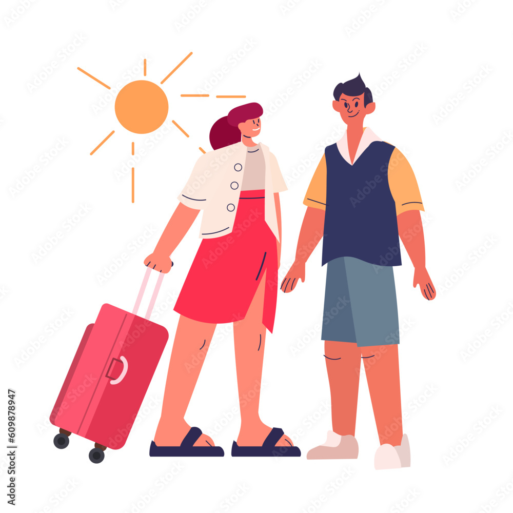 young tourists with baggage standing together summer vacation holiday time to travel concept
