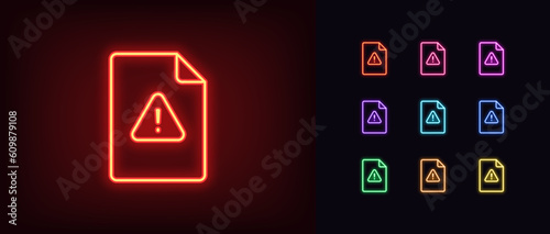 Outline neon file damage icon set. Glowing neon document with exclamation mark, danger data. Damaged document, unreliable agreement, unsafe file, problem and error warning, risk alert