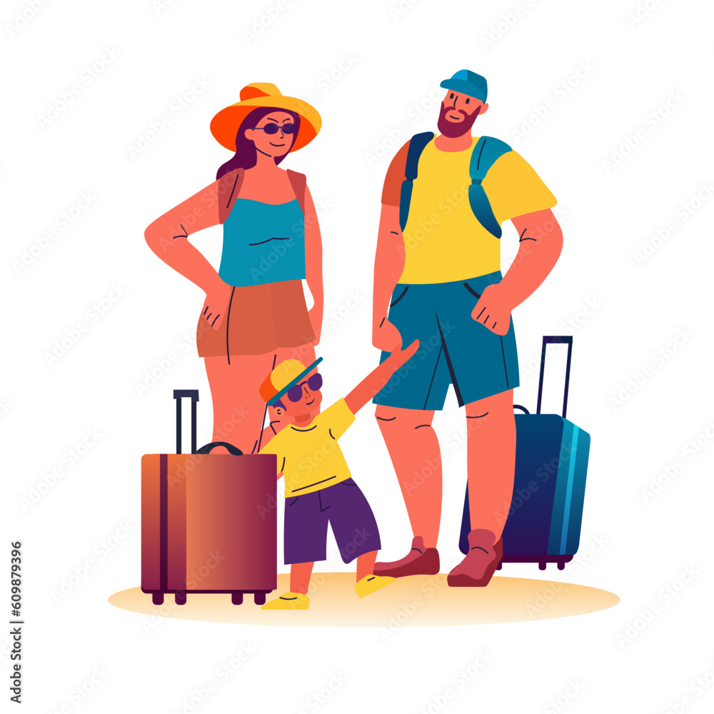happy family with son and baggage standing together summer vacation holiday time to travel concept happy family with son and baggage standing together summer vacation holiday time to travel concept