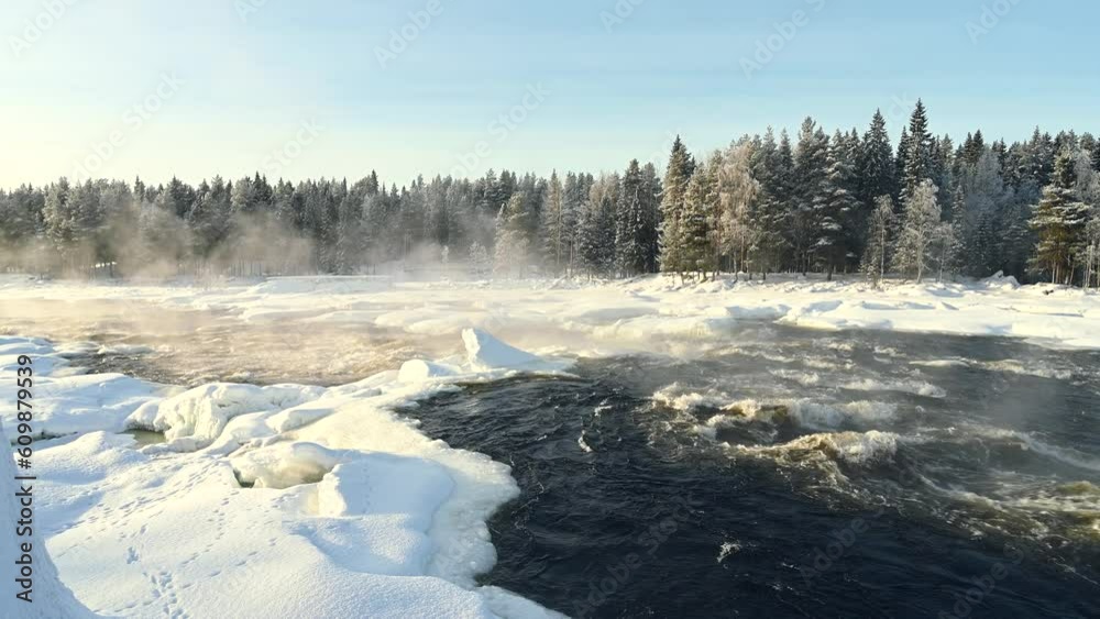 Winter river Landscape, water vapour coming from water flow. Landscape With Snowy Trees, Beautiful Frozen River With Reflection In Water. Water in frozen stream. Snowy river in forest.