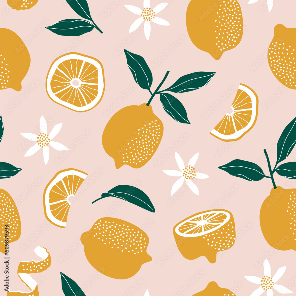 Summer seamless pattern with lemon, lemon slice, leaves. Fruit repeated background. Vector print for fabric or wallpaper. Summer seamless pattern with lemon, lemon slice, leaves. Fruit repeated background. Vector print for fabric or wallpaper.