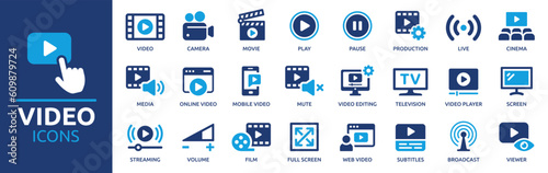 Video icon set. Containing camera, play, pause, media, online video, live, production, player, movie and cinema icons. Solid icon collection. photo