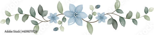 Watercolor branch with blue flowers and green leaves