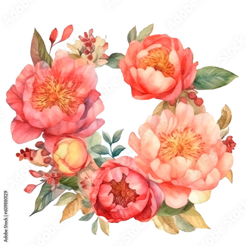 Peony roses watercolor wreath. AI generative isolated illustration. Summer wedding invitation design element