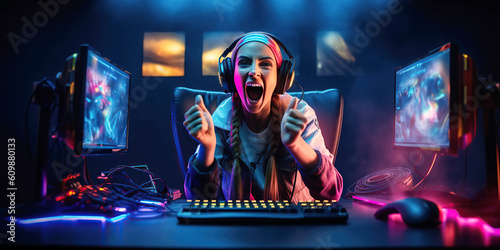 happy girl an esports gamer player behind the monitor is happy to win an cybersports game competition. Generative AI