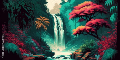 a landscape of a waterfall in the tropical forests with its trees  palms and plants  Generative ai