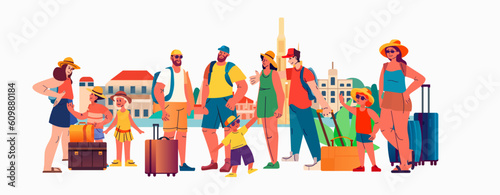 tourists group with children and baggage standing together summer vacation holiday time to travel concept