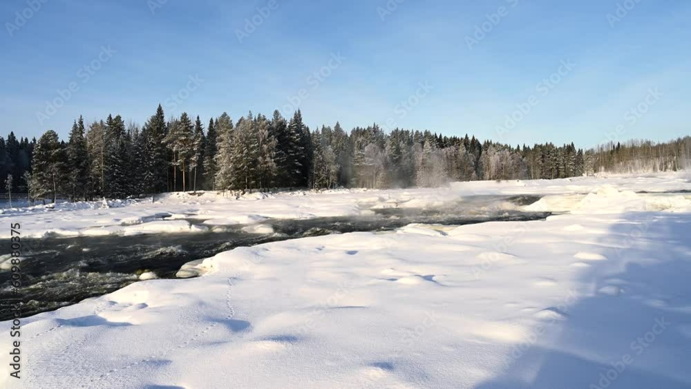 Winter river Landscape, water vapour coming from water flow. Landscape With Snowy Trees, Beautiful Frozen River With Reflection In Water. Water in frozen stream. Snowy river in forest. Winter river Landscape, water vapour coming from water flow. Landscape With Snowy Trees, Beautiful Frozen River With Reflection In Water. Water in frozen stream. Snowy river in forest.