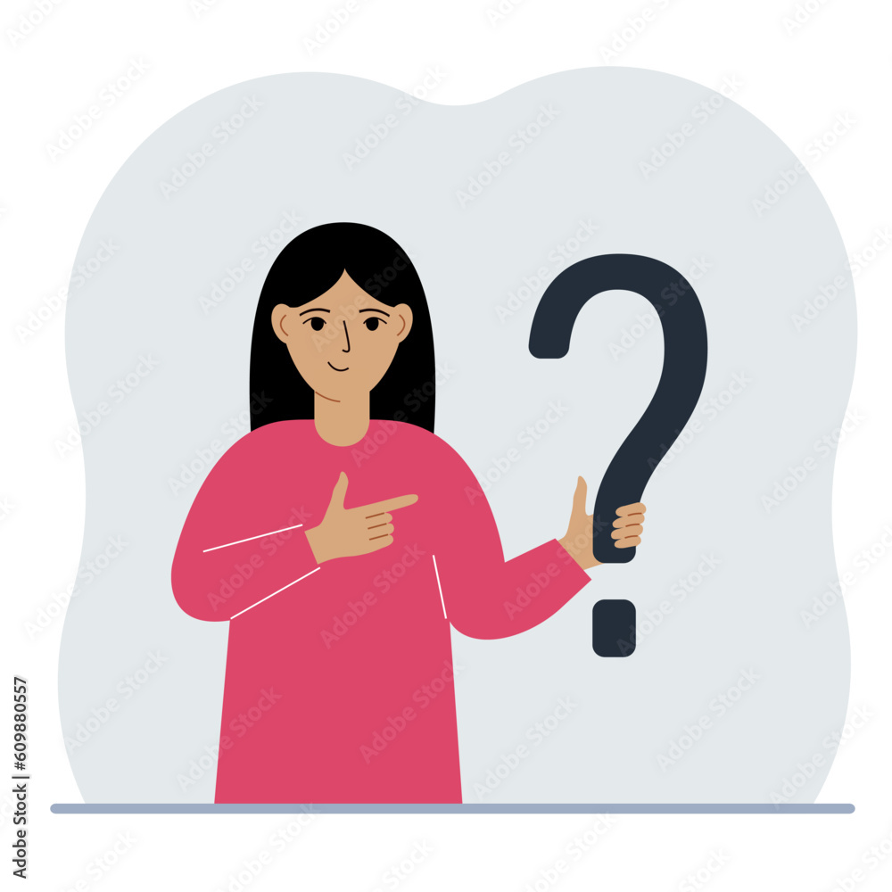 A woman is holding a question mark symbol. Ask questions and look for answers. FAQ or frequently asked questions concept, online support center. A woman is holding a question mark symbol. Ask questions and look for answers. FAQ or frequently asked questions concept, online support center.