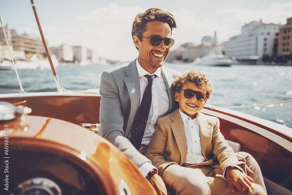 Illustration of elegant father with sons sailing