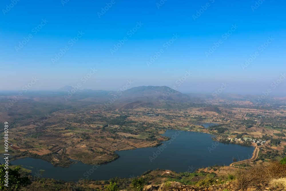 Beautiful panoramic view of the lake and mountains in India Karnataka
