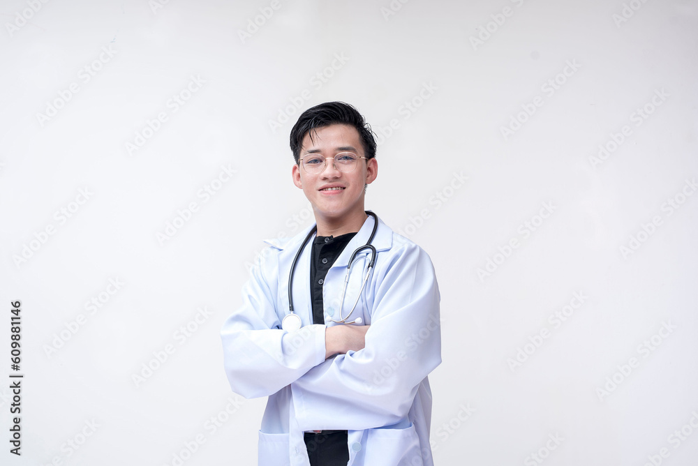 Portrait of a young and professional doctor, medical student, intern, posing looking happy with his arms crossed and folded. Isolated on a white background. Portrait of a young and professional doctor, medical student, intern, posing looking happy with his arms crossed and folded. Isolated on a white background.