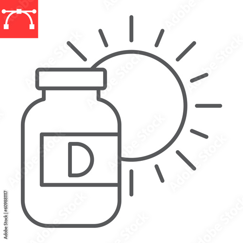 Vitamin D line icon, supplements and health, vitamin D bottle vector icon, vector graphics, editable stroke outline sign, eps 10.