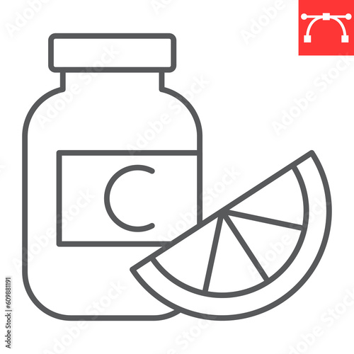 Vitamin C line icon, supplements and health, vitamin C bottle vector icon, vector graphics, editable stroke outline sign, eps 10.