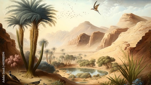 Wallpaper of a desert oasis with valleys, desert birds and butterflies, Generative ai