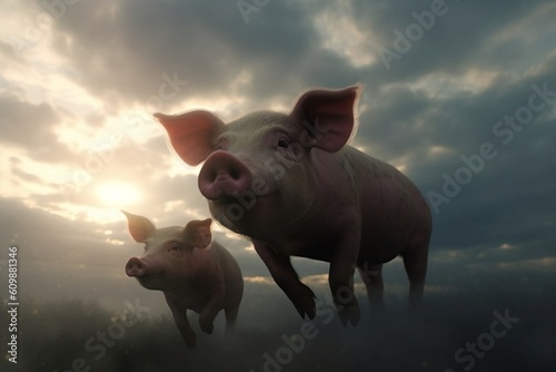 Flying pig in the sky. Generative AI.