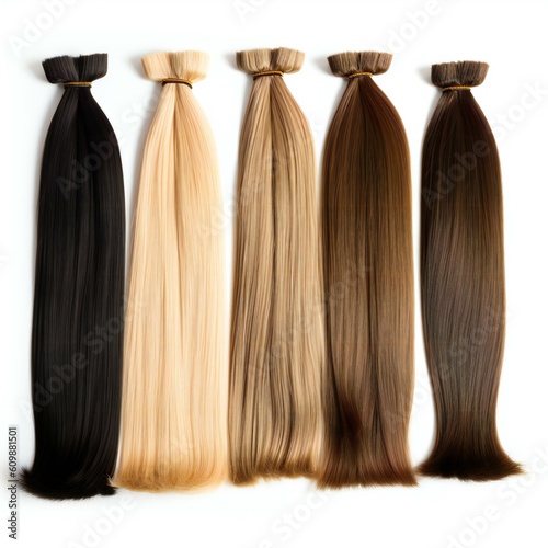 Straight Hair extensions on isolated white background. various colors. Created with generative AI technology.