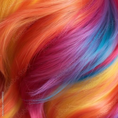 Closeup of multicolored rainbow hair background. Created with generative AI technology.