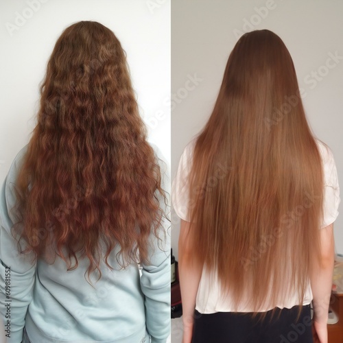 Before and after Damaged hair after keratin treatment procedure or straightening. Created with generative AI technology.