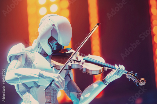 Illustration of robot cyborg playing violin on stage