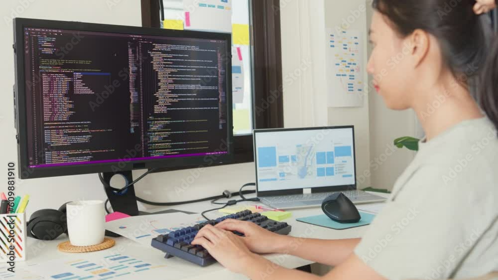 Side view of professional young Asia girl IT development programmer typing on keyboard coding programming fixing data code on computer screen and laptop on table in workroom at house office.