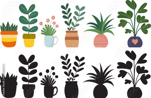 set of houseplants in pots in flat style isolated on white background
