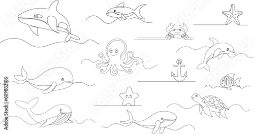 set of sea inhabitants line drawing, whale sketch, octopus vector