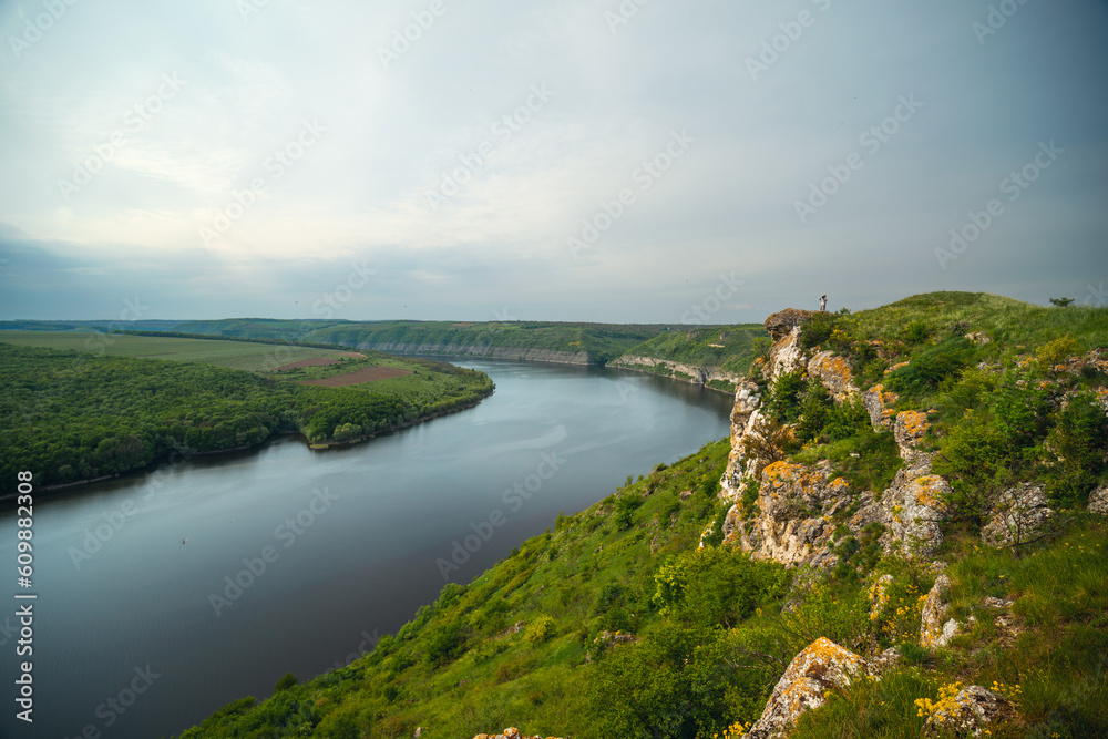 Canyon with the river Dniester on an summer day near the village of Subich. Podolsk Tovtry. Beautiful nature landscape. Mountains and forest, Ukraine