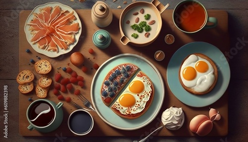 hearty, tasty and decorative breakfast, separately listed ingredients for the menu or decoration of a cool restaurant