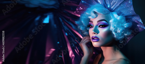 Portrait of transgender person in futuristic glam style, pink and blue light, close-up
