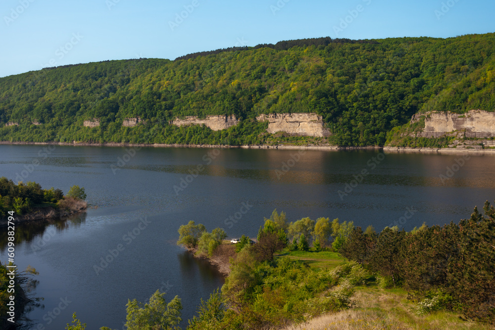 Fototapeta premium Canyon with the river Dniester on an summer day near the village of Subich. Podolsk Tovtry. Beautiful nature landscape. Mountains and forest, Ukraine