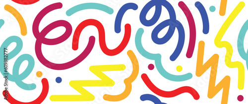 Colorful line doodle in seamless pattern. Abstract art background vector design with childish scribble, wavy, dot in vibrant color. Fun creative illustration for kids, fabric, prints, cover.