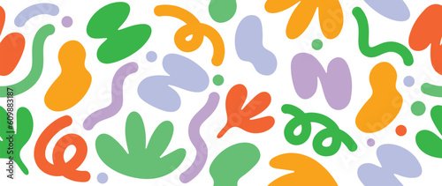 Colorful line doodle in seamless pattern. Abstract art background vector design with childish scribble, leaf, dot in vibrant color. Fun creative illustration for kids, fabric, prints, cover.