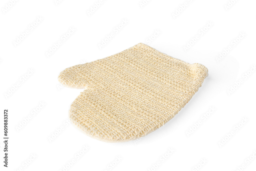 Accessory for exfoliating the skin, natural massage glove on a white background. Accessory for exfoliating the skin, natural massage glove on a white background.