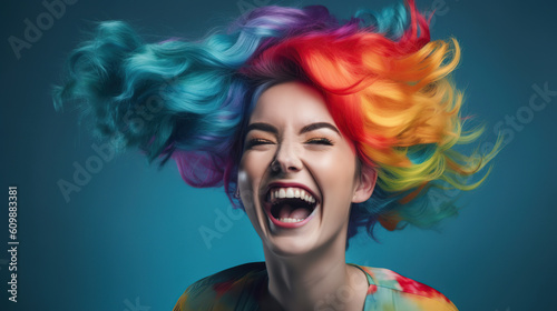 Portrait of young smiling woman with rainbow hair