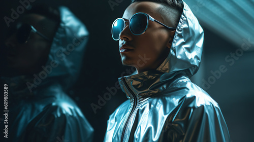 African american male model in silver jacked and sunglasses on dark background  © iwaart