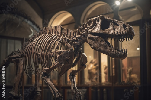 Tyrannosaurus Rex skeleton in museum . Created by Generative AI .