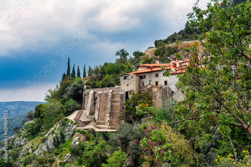 View of the Greek Orthodox monastery of Moni Koimiseos Theotokou Kliston or Assumption of Virgin Mary Monastery in Acharnes, Attica, Greece