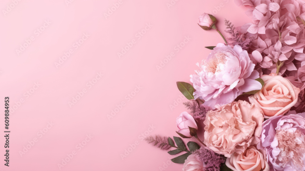 Peonies and roses on pink background.